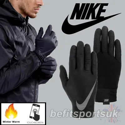 Nike Black Running Gloves Mens Baselayer Light Winter Warm Cold Touch Screen • £21.95
