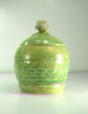 Vintage B Handmade Ceramic Honey Pot Trinket Jar Green Rose Finial • $14.45