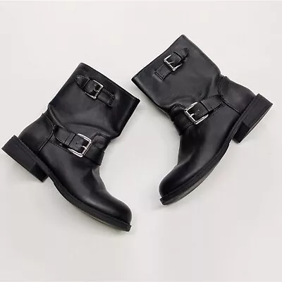 H&M Flat Black Biker Boots With Buckles Size 5.5 US • $39.99