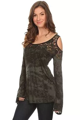 T-Party Tye Dye Cold Shoulder Long Sleeve Lace Tunic MM39952 Green • $16.99