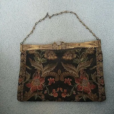 Vntg Floral PETIT POINT TAPESTRY PURSE Handbag Metal Hinged Frame Chain Handle • $45