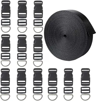 12 Yards Black Nylon Heavy Webbing Straps With 12 Set Plastic 1 Inch Flat Side R • $19.82