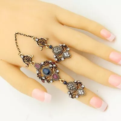 Vintage Turkish Double Ring Antique Flower Zinc Alloy Rhinestone Fashion Jewelry • $7.95