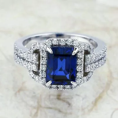 3Ct Emerald Cut Lab Created Blue Sapphire Engagement Ring 14k White Gold Plated • $83.65