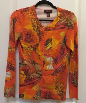 VICTOR ALFARO Long Sleeve SILK BLEND Cardigan Sweater ORANGE ABSTRACT PRINT SMAL • $13.59