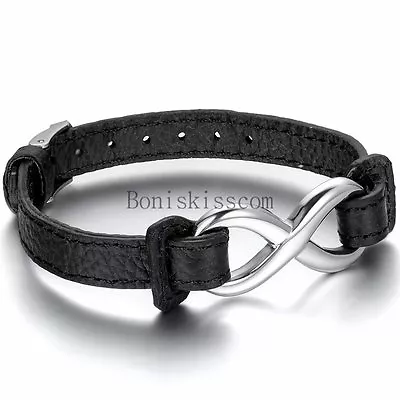 Mens Womens Leather Stainless Steel Bracelet Love Infinity Charm Bangle Black • $8.99