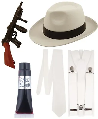 White Al-Capone Hat Tie Braces Tommy Gun Fake Blood Blooded Roaring Pimp Fancy D • £18.99