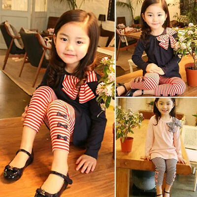 Kids Baby Girls Long Sleeve T-Shirt Casual Outfit Tops+Striped Pants Set Clothes • £11.74