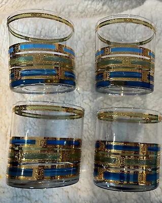 Set Of 4 Vintage MCM Culver Empress Highball Glasses~22K Gold Blue Green • $15.50