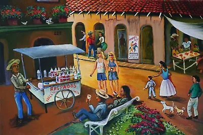 Mexican Pueblo Town Village Scene Raspados Stand Oil Canvas By Palomares Pm126 • $290