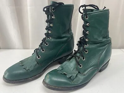 Vintage Justin Boots Size 5 B Green Lace Up Steampunk Granny Cowgirl • $35.19