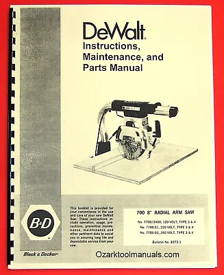 DEWALT 700 8  Radial Arm Saw Owner's Instructions And Parts Manual 1024 • $34.18