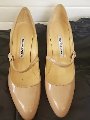 Manolo Blahnik Nude Patent Leather Mary Jane Campari Pumps Size 40.5 • $220