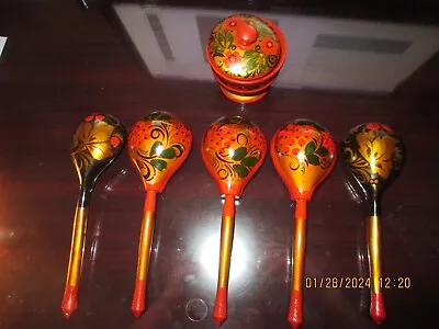 Vintage Russian Wooden Serving Decorative Spoons Set Of 5 With Cup. • $16