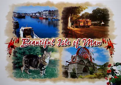 Picture Postcard Greetings From Beautiful Isle Of Man The Laxey Wheel Cat Tram • £8.74