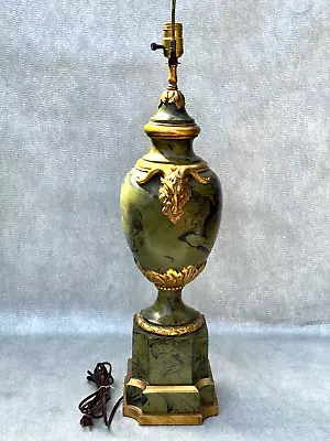 Vintage Gothic Ram's Head Table Lamp Green Marble & Gold Twin Gargoyle Chalkware • $250