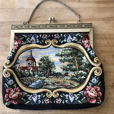 Vintage Large Black Floral Tapestry Needlepoint Embroidered Bag Coin Purse Chain • $25