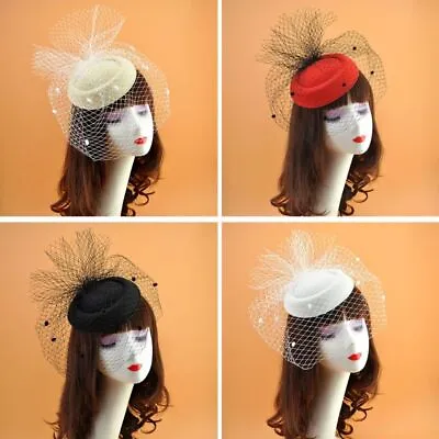 £7.01 • Buy Women Fascinator Hat 20s 50s Solid Felt Pillbox Cap Wedding  Party Mesh Veil