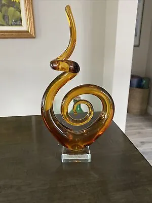 Spiral Figurine Art Glass Amber Murano Style Twisted Abstract W/ Base 11” Tall • $22.99
