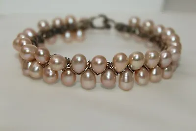 GORGEOUS Vintage Sterling Silver & Pink Off-Round Genuine Pearl 8  Bracelet • $89.99