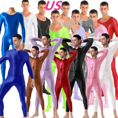 US Men Jumpsuits Spandex Full Body Catsuit Costume Mock Neck Bodysuit Dancewear • $7.47