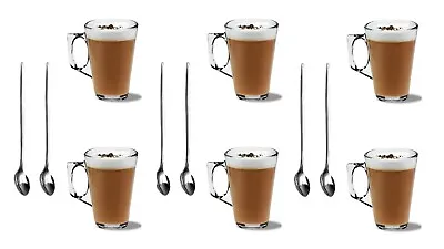 6 LATTE MUGS 240ml 6 LATTE SPOONS Coffee Tea Cappuccino Hot Cold Drink Cup Glass • £12.99