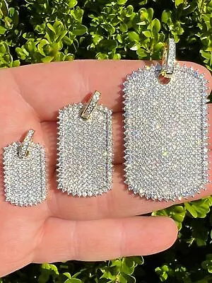 $28.33 • Buy 14k Gold Plated Solid 925 Silver Dog Tag Iced Hip Hop Pendant Necklace CZ 3 Size