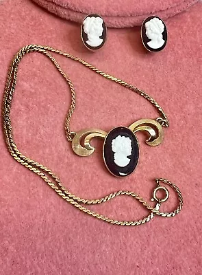 Vintage Van Dell 12K GF Cameo Lady Black Onyx Glass Necklace With Earrings • $138