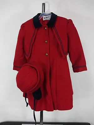 VTG Rothschild Girls Red Wool Coat & Hat Sz 6 Navy Trim Caped Fully Lined **READ • $43.99