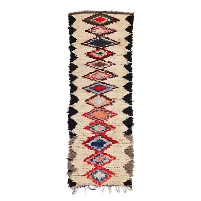 Moroccan Handmade Vintage Rug 2'7x7'4 Berber Beige Geometric Cotton Wool Rug • $249
