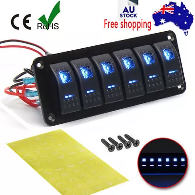 6 Gang Blue LED Light Rocker Switch Panel Circuit Breaker Boat Marine Waterproof • $42.89