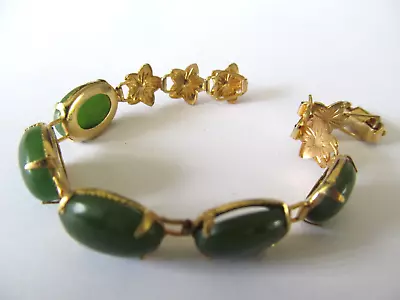 Vintage Five Oval Jade Glass-six Gold Plated Floral Linked Plate Bangle Bracelet • $18.99