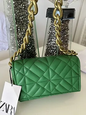 ZARA Green Faux Leather Quilted Gold Chain Shoulder Bag Purse Clutch  NWT • $65