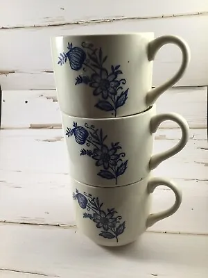  Blue Onion Coffee Tea Mugs White Blue Floral Stackable USA Mid Century Set Of 3 • $15.50