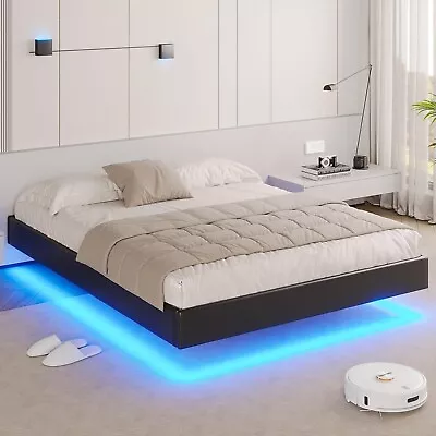 Floating Queen Bed Frame With LED Lights Modern Upholstered Platform Bed Frame • $149.97