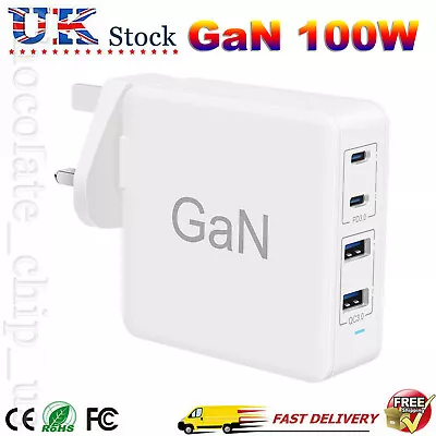 100W 4-Port USB-C UK Mains Fast GaN Adapter For MacBook/iPhone/iPad Wall Charger • £31.99