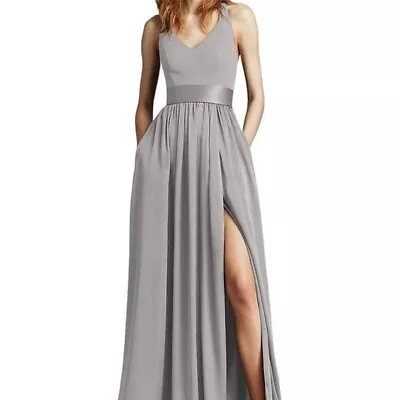 WHITE By Vera Wang Mercury Color Formal V-Neck Halter Gown With Sash/Pockets 12 • $100