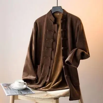 Men Fur Fleece Tang Suit Tops Stand Collar Coat Chinese Knot Casual Retro Winter • $55.19