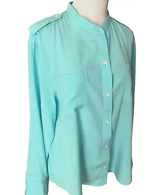Dkny~l~pale Blue Silk Spandex Tab Sleeves Mandarin Collar~2 Pockets Blouse Shirt • $13.99