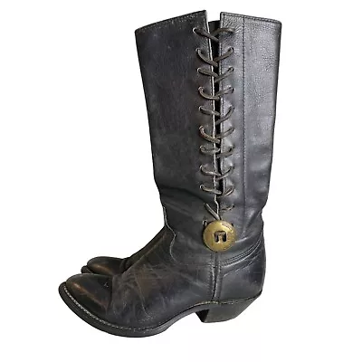 Vintage 80s Womens Harley Davidson Tall Black Leather Lace Detail Riding Boots S • $110