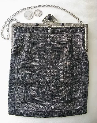 Antique Black Jewel Floral Frame Silver Black  Micro Bead Lined Purse • $75