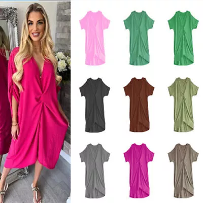 Ladies Summer Smock Ashlee Knot Dress Womans V-neck Solid A Line Loose Dresses • £7.35