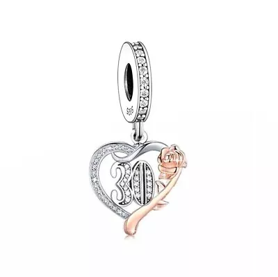 $29.99 • Buy S925 Silver & Rose Gold Sparkling 30th Birthday & Rose Charm By Unique Designs