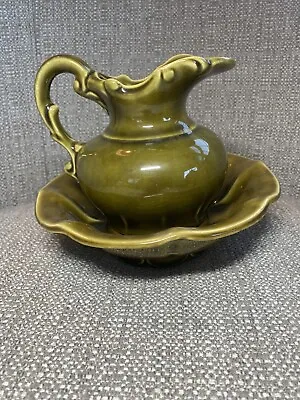 Vintage McCoy Pottery Small Bowl & Pitcher Olive Green 8 Inch Diameter Lot #528 • $16.98