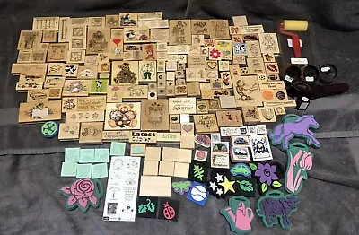 Vintage Rubber Stamp Lot Of 170 Stamps 3 Rollers And Stamp Wash Mat 1990’s-2005 • $90