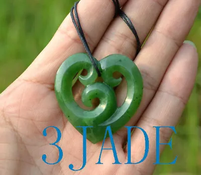  Green Nephrite Jade Triple Koru Heart Shape Pendant Necklace Maori Swirl Spiral • $49.99