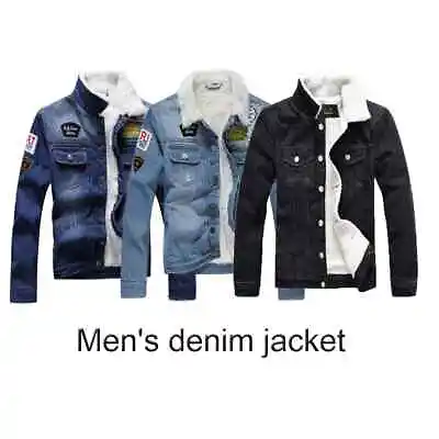 Mens Denim Jackets Warm Faux Fur Fleece Western Bike Jeans Trucker Coat Slim Fit • £25