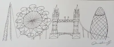 Original Pen & Ink Drawing London Panoramic City Scene Gherkin Shard Bridge Eye • £29.99