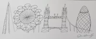Original Pen & Ink Drawing London Panoramic City Scene Gherkin Shard Bridge Eye • £29.99
