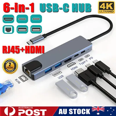 $6.99 • Buy 6in1 USB-C Type-C HD Output 4K HDMI RJ45 USB 3.0 PD100W HUB Adapter For MacBook